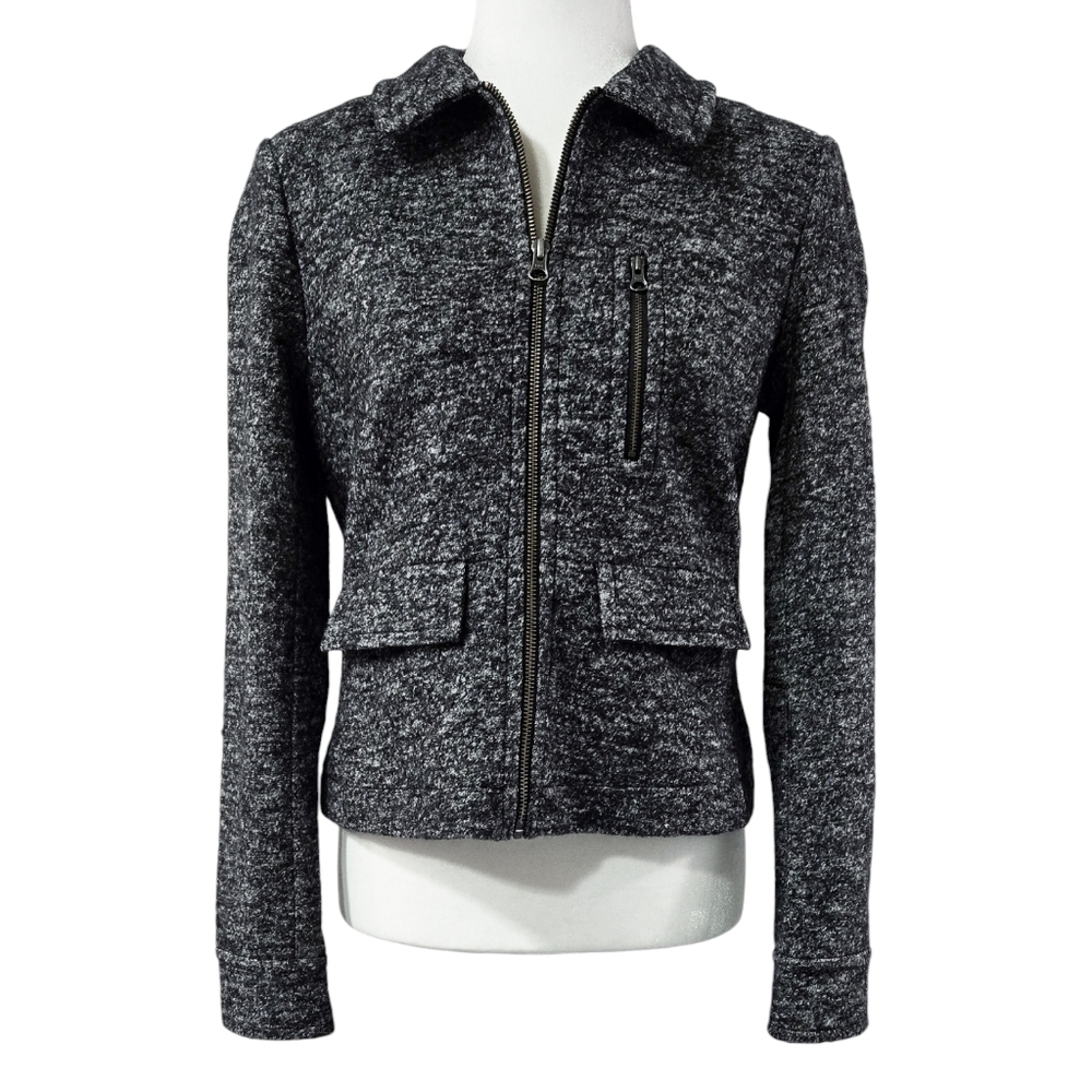 LOFT NWT LOFT Wool Blend Charcoal Gray Marled Knit Cropped Zip Jacket Pockets